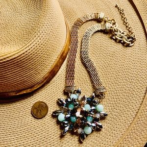 Gorgeous Sparkly Rhinestone Cluster on Gold Tone Mesh Chain Necklace - Natasha